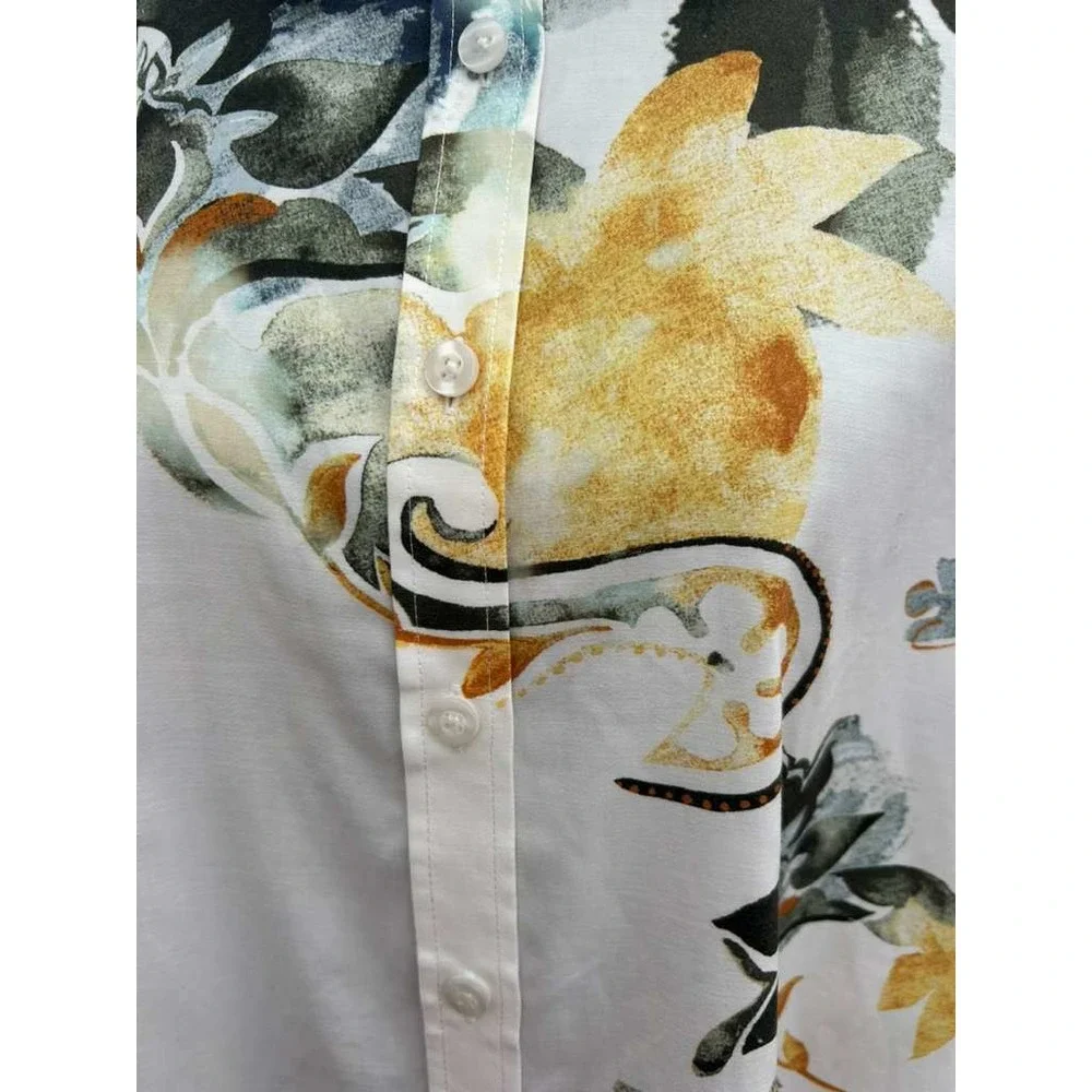 Chico's Size 3 US 16 White Watercolor Floral Button Down Shirt Artsy Boho Top